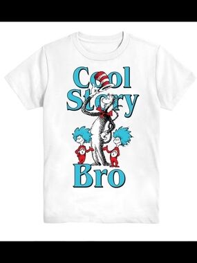 Dr. Seuss White Tee with Teal & Red 'Cool Story Bro' Graphic